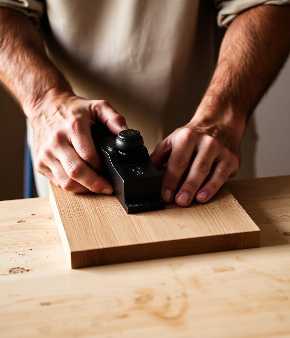 Craftsman hand-planing an oak board