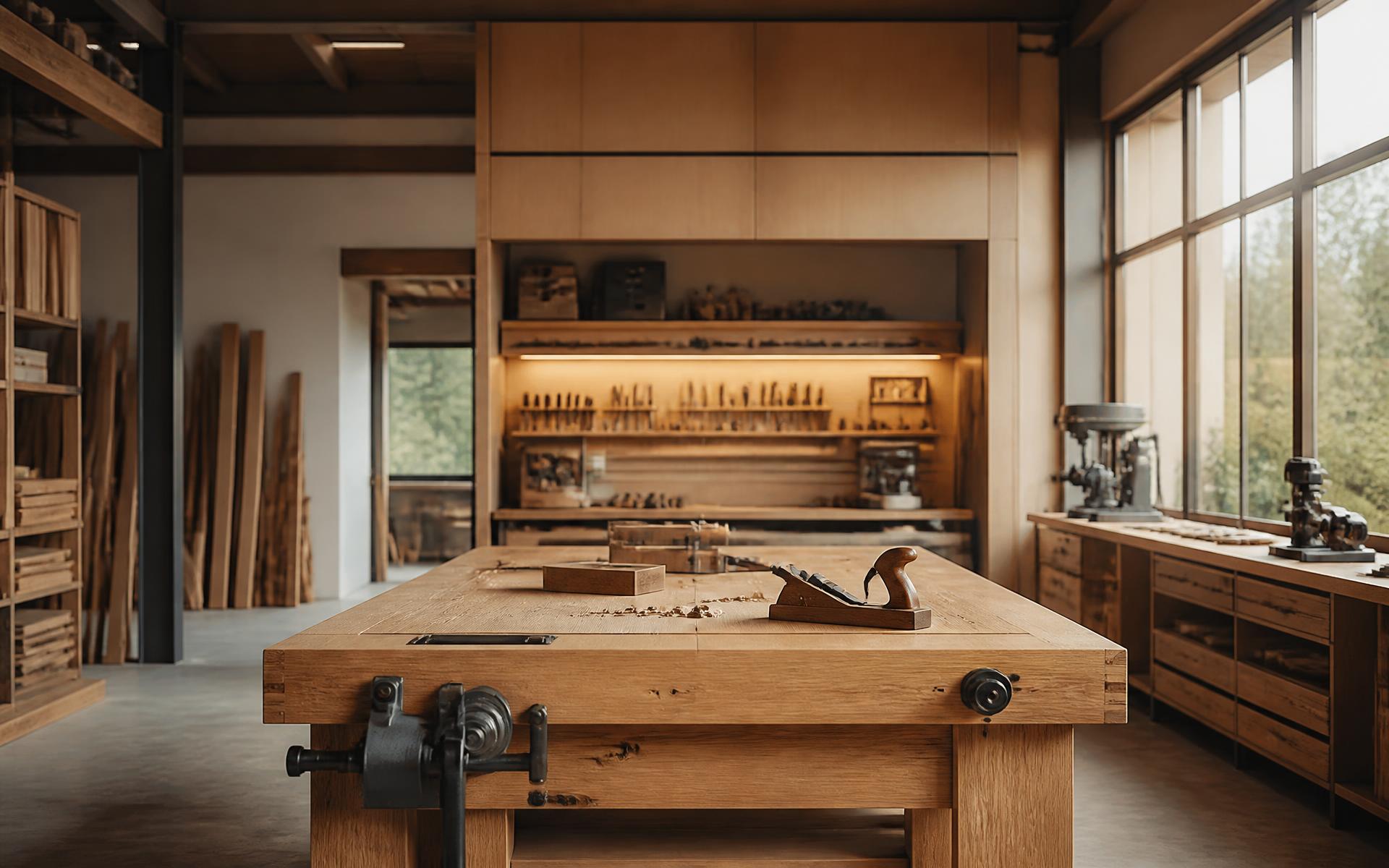 Wood Connection workshop with oak workbench and hand tools